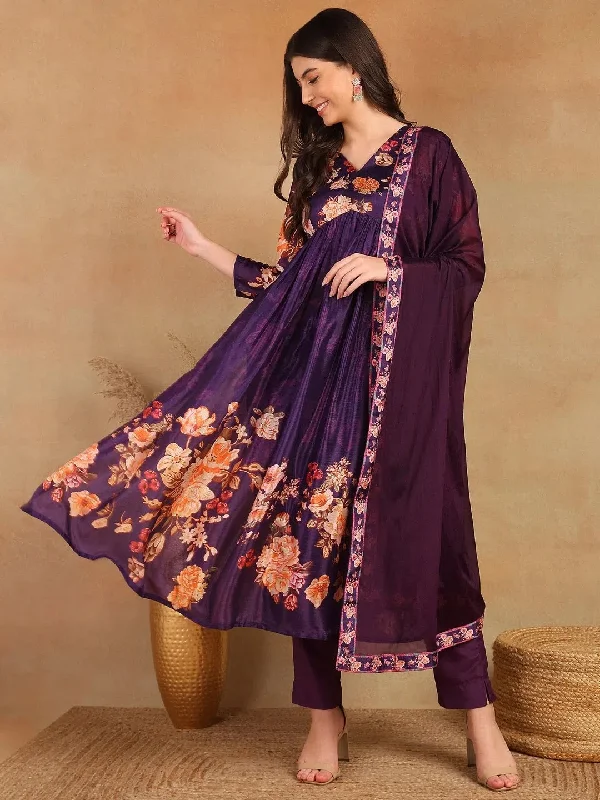 Ahika Women Purple Silk Blend Floral Printed Straight Kurta Trouser With Dupatta-PKSKD2435 Trousers Bridal Satin