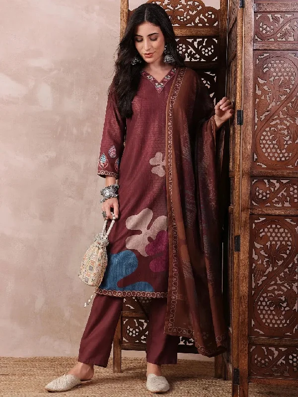 Ahika Women Brown Silk Blend Floral Printed Straight Kurta Trouser With Dupatta-PKSKD2552BRN Trousers Recommended Stylist