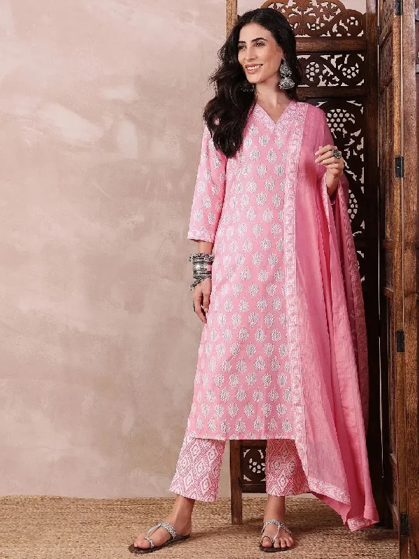 Ahika Women Pink Rayon Blend Floral Printed Straight Kurta Trouser With Dupatta-VKSKD2242 Trousers cozy comfortable
