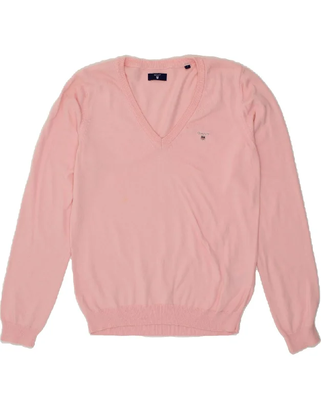 GANT Womens V-Neck Jumper Sweater UK 10 Small Pink Cotton Faux Fur Fabric Real Fur Fabric Shearling Fabric