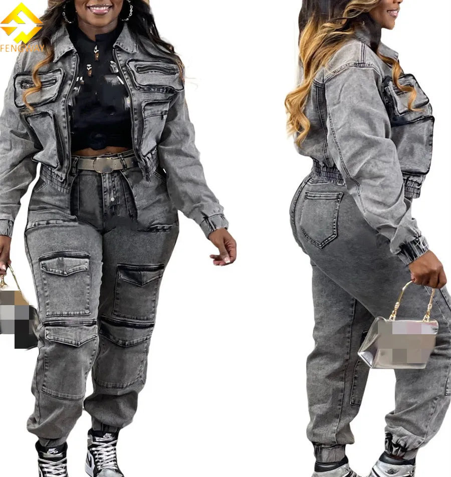 Cargo Pockets Denim Pants 2024 Outfit Sexy Women Two Pieces Elegant Jeans Casual Matching Set Jacket+trousers Snapped Jacket Toggled Jacket Drawstring Jacket