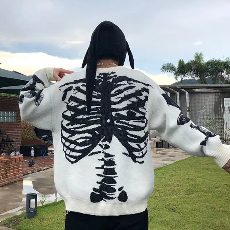 Advbridge New women autumn and winter sweater Harajuku skull round neck long-sleeved sweater couple loose pullover retro Y2K sweater Sabrina Neck Pullover