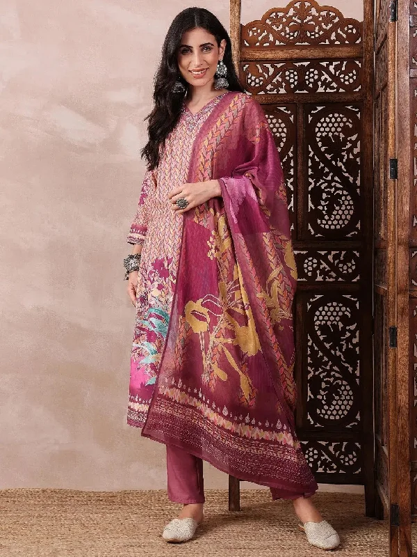 Ahika Women Multi Silk Blend Floral Printed Straight Kurta Trouser With Dupatta-PKSKD2544PPL Trousers fashionable chic