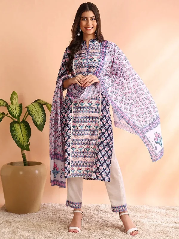 Ahika Women Blue Poly Rayon Ethnic Motifs Printed Straight Kurta Trouser With Dupatta-PKSKD2571BLU Trousers Denim Distressed
