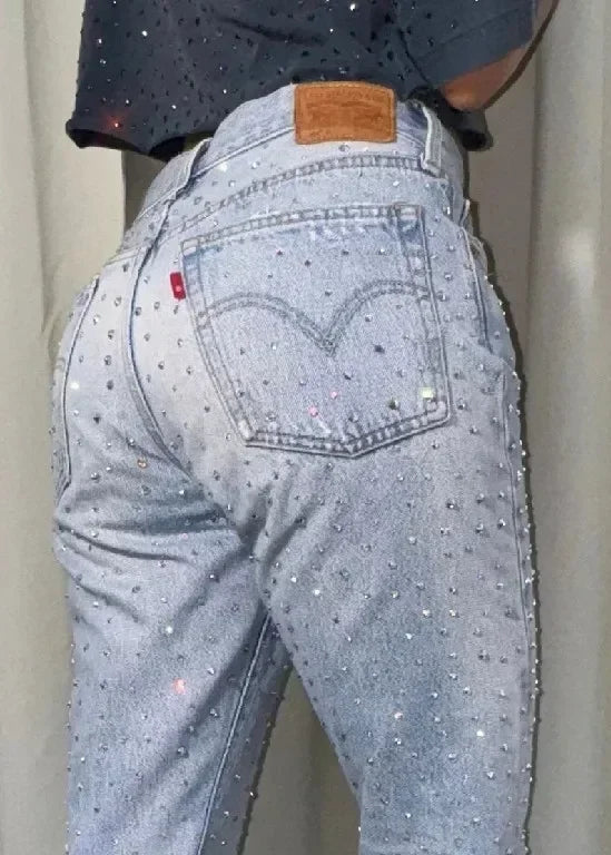 Advbridge American Jeans Y2K Pants Womens Gothic Hip Hop Pocket Sequins Rhinestone Retro Blue Jeans Fashion Slim High Waist Trousers Trousers Top Rated