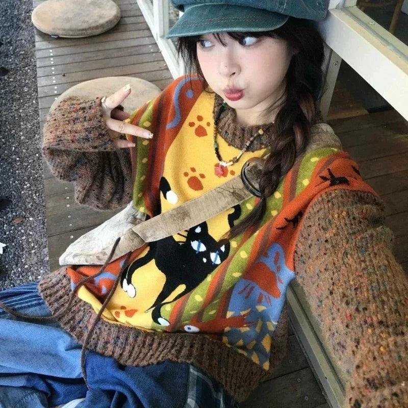 Advbridge Harajuku Cartoon Sweaters Women Vintage Y2k Streetwear Knitted Pullover Grunge Retro Long Sleeve Aesthetics Sweaters Boyleg Sleeve Pullover