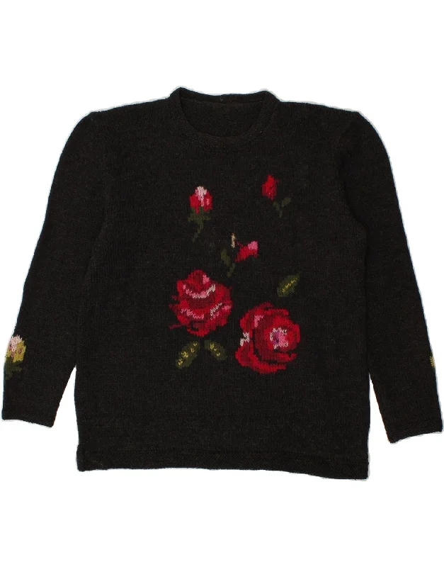VINTAGE Womens Crew Neck Jumper Sweater UK 16 Large Black Floral Zippered Buttoned Snapped