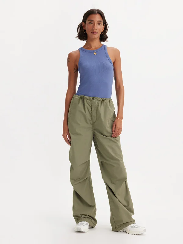 Women's Mid Rise Green Loose Fit Trousers Trousers Designer Luxury