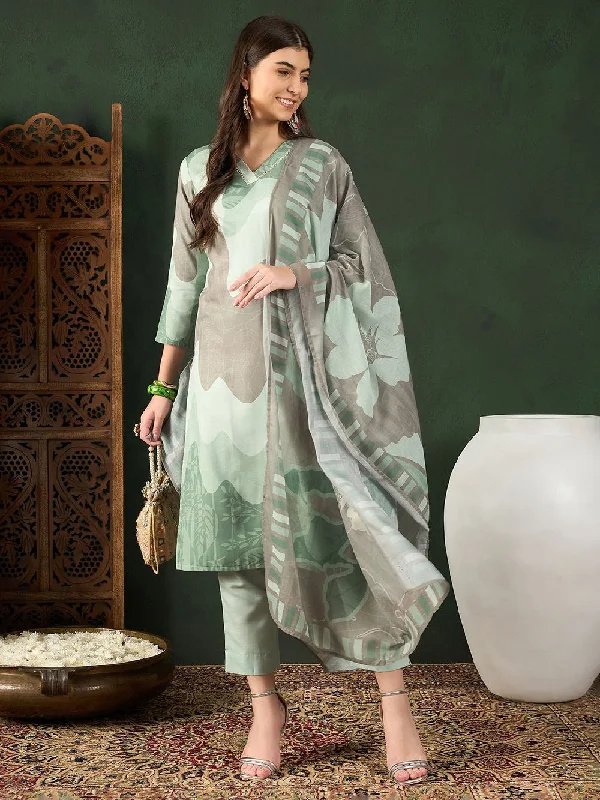 Green Silk Blend Abstract Printed Straight Kurta Trouser With Dupatta Cropped Trousers Casual Linen