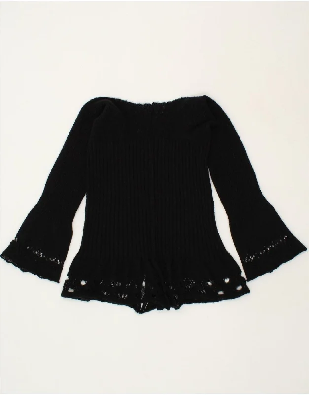 VINTAGE Womens Boat Neck Jumper Sweater UK 14 Medium Black Cable Knit Ribbed Knit Lace Knit