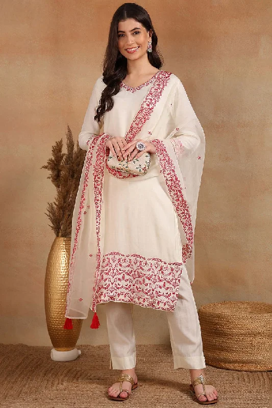 Off White Chanderi Silk Solid Embroidered Straight Trouser Suit Set Trousers Favorite Customer