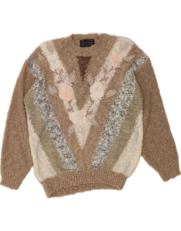 VINTAGE Womens Crew Neck Jumper Sweater One Size Brown Colourblock Flower Casual Formal Business