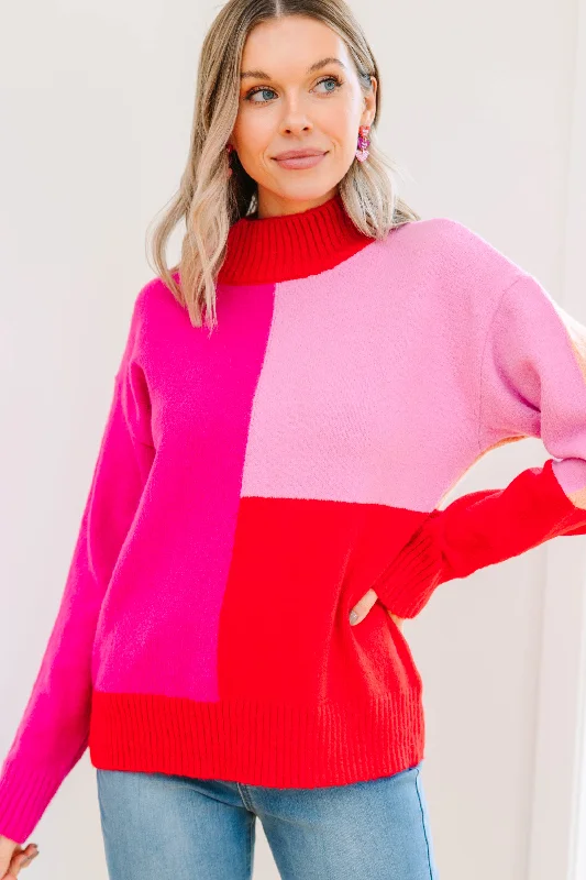 All Good Hot Pink Colorblock Sweater Neon Metallic Matte