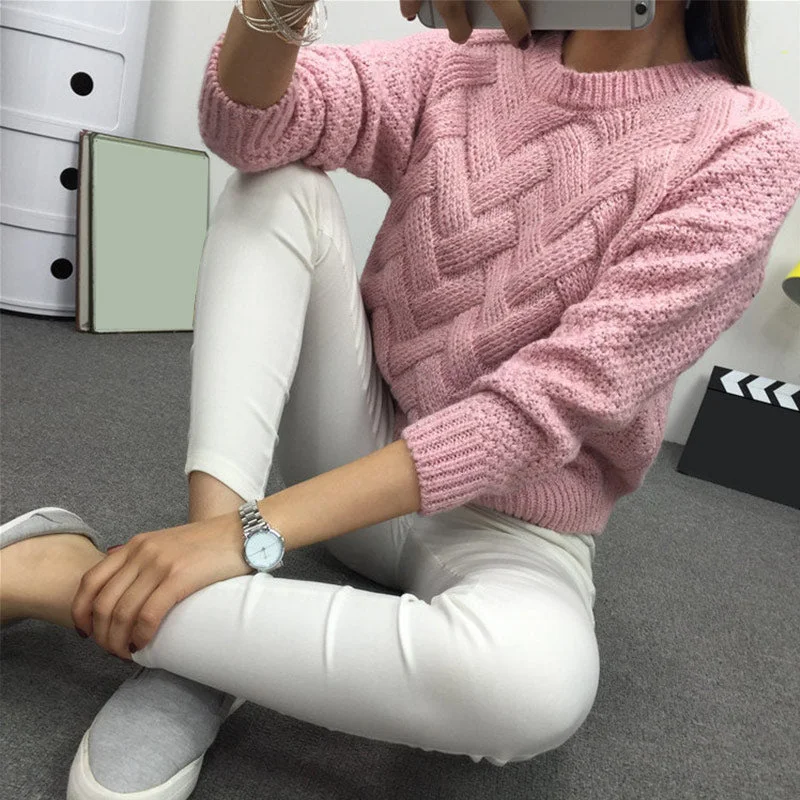 WILUXE  Winter O-neck Women's Sweater Jersey Woman Mohair Knitted Twisted Thick Warm Lady's Pullover 2019 College Jumper Women Pink Gray Cotton Fabric Linen Fabric Terry Fabric