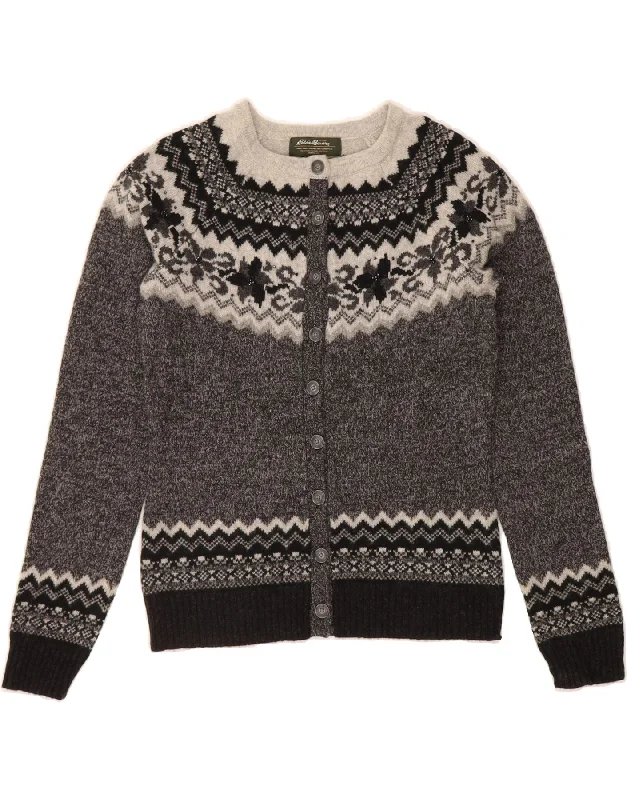 EDDIE BAUER Womens Cardigan Sweater UK 6 XS Grey Fair Isle Lambswool Lightweight Heavyweight Midweight