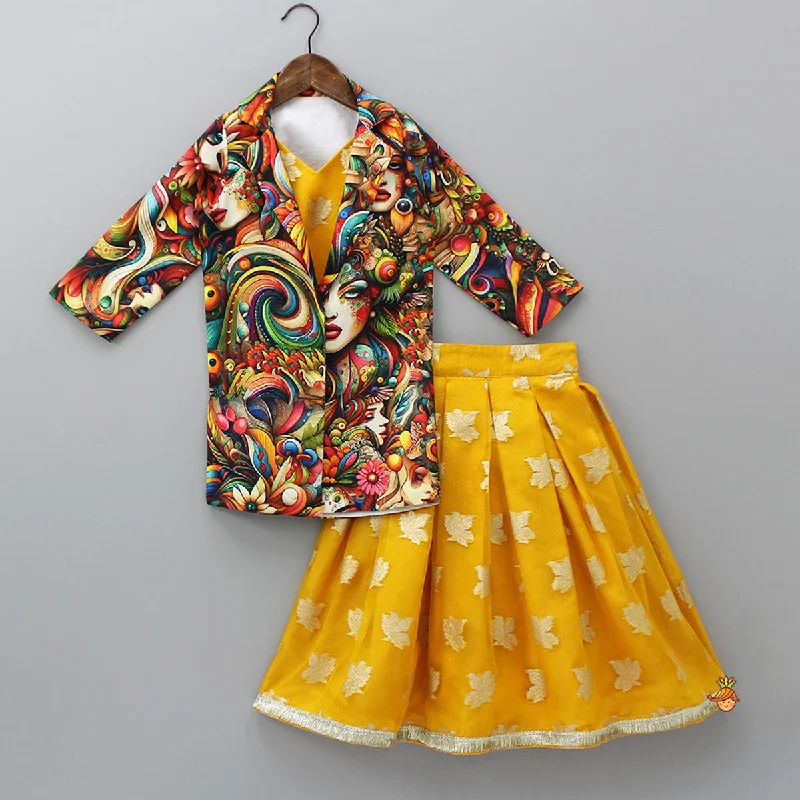 Pre Order: Top And Multicolored Jacket With Box Pleated Lehenga Notch Collar Peter Pan Collar Cowl Neck