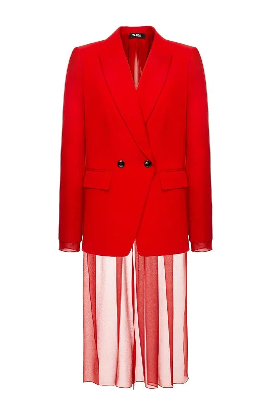 RED GABARDINE JACKET WITH CHIFFON BACK Welt Pockets Slit Pockets Flap Pockets