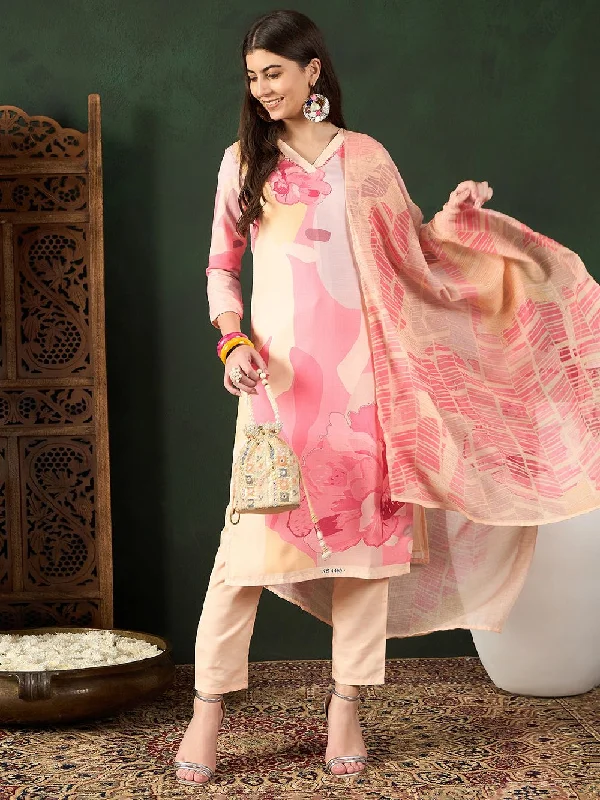 Cream Silk Blend Floral Printed Straight Kurta Trouser With Dupatta Trousers Pleated Formal