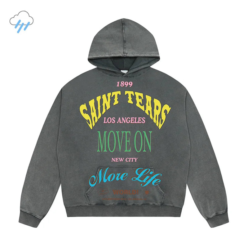 Advbridge Autumn Winter Heavy Fabric Cotton Saint Tears Hoodie Men Women Colorful Letter Logo Printi Vintage Washed Black Gray Pullovers Port Neck Pullover