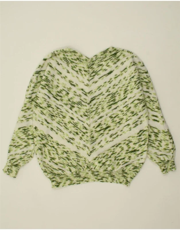 VINTAGE Womens V-Neck Jumper Sweater UK 14 Large Green Chevron Fitted Slim Tailored