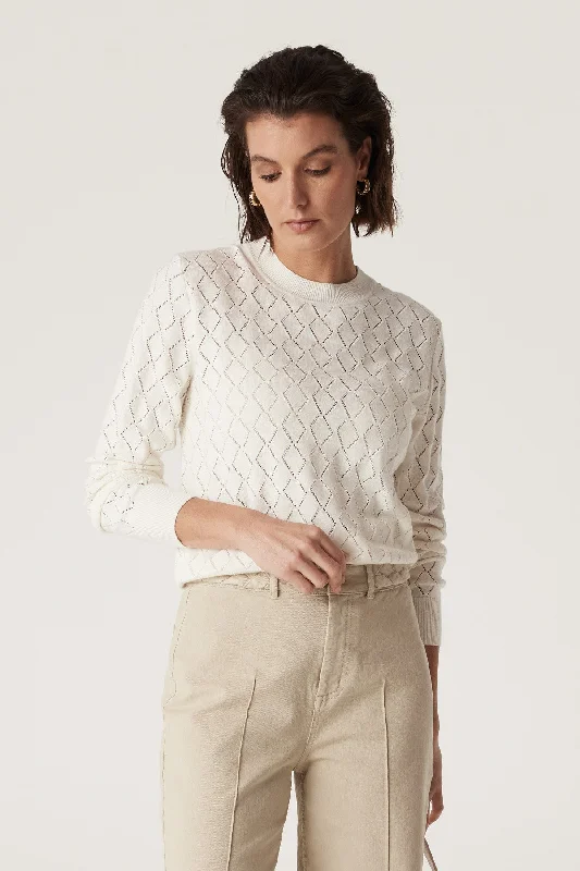 Cotton Cashmere Crew Jumper - White Open Front Closed Front Wrap Front