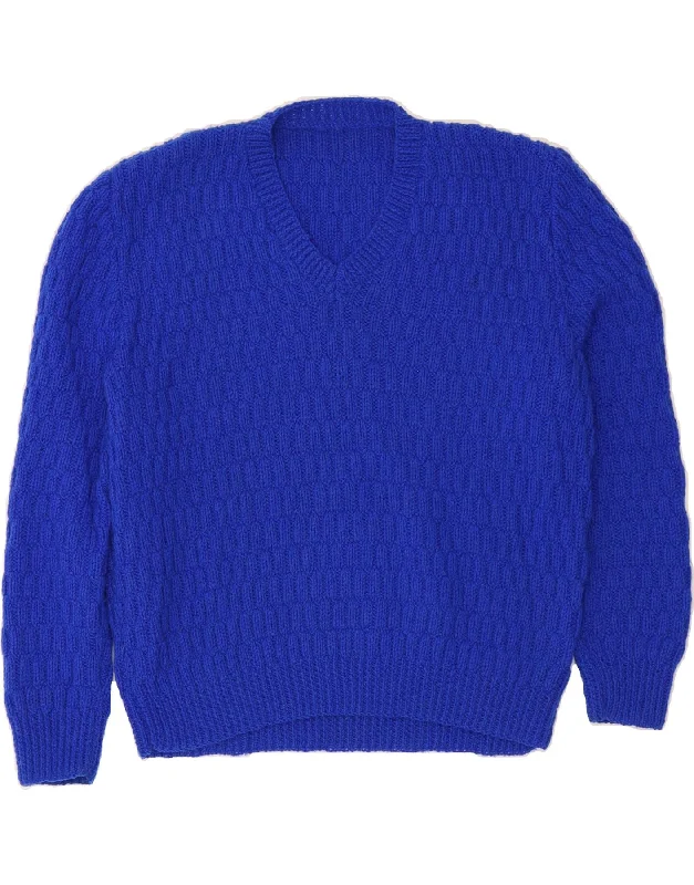VINTAGE Womens 3/4 Sleeve V-Neck Jumper Sweater UK 16 Large Blue Wool Fabric Cashmere Fabric Tweed Fabric