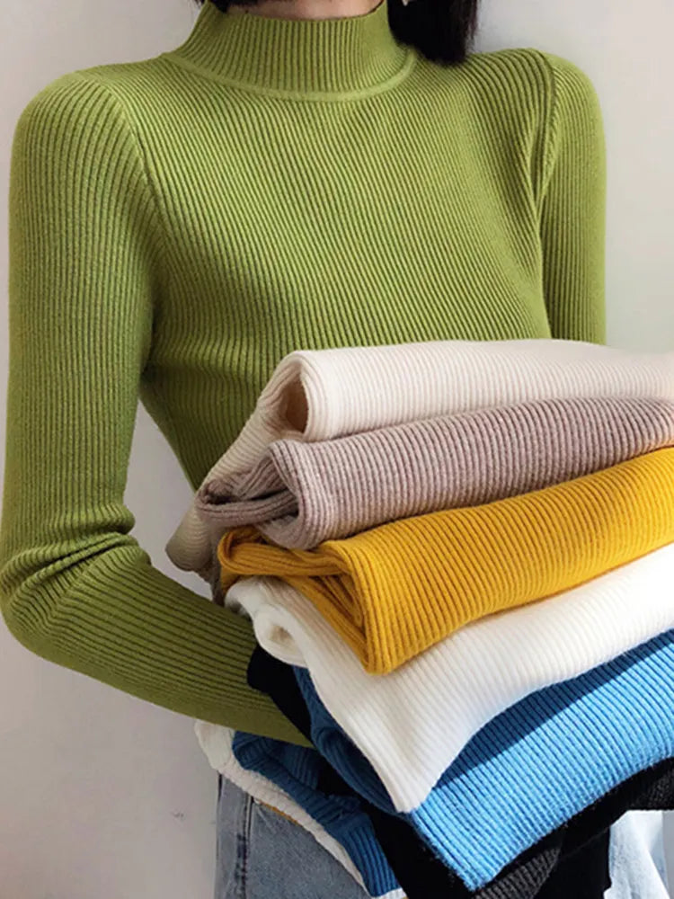 Autumn Winter Mock Premium Neck Women Sweater Vintage Basic Solid Knitted Tops Casual Slim Pullover Sweaters Jumpers Oversized Cozy Pullover