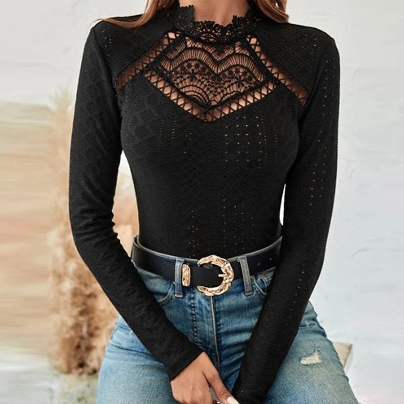 Advbridge -  Lady Hollow Sexy Lace Tops Spring Autumn Solid Long Sleeve Office Shirts Stylish Vintage 2YK Slim Blouses Pullover Women Solo Sleeve Pullover