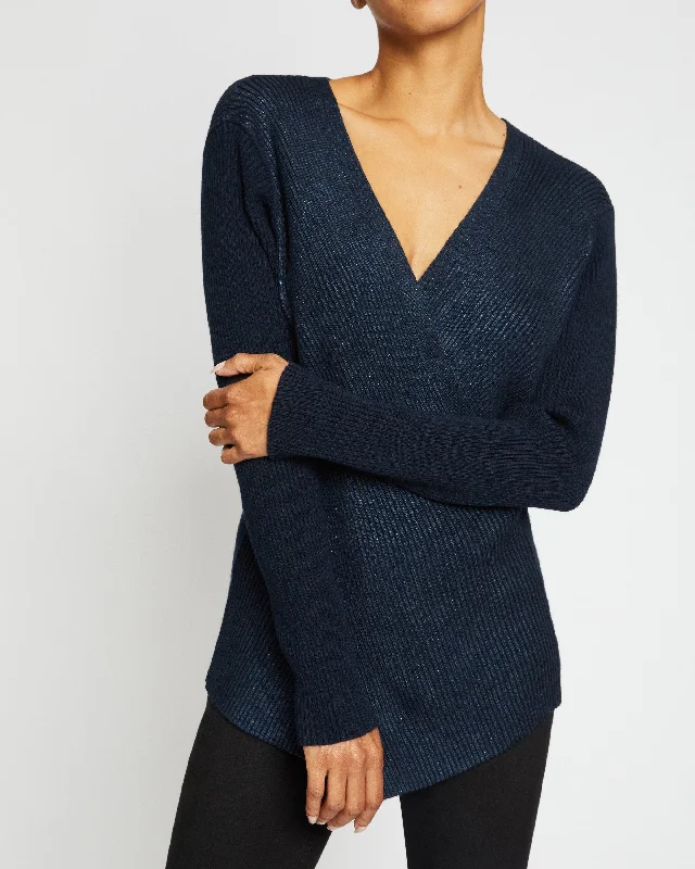 STACY Crossover V-Neck Sweater in Coated Wool Blend Seamless Knitted Crochet