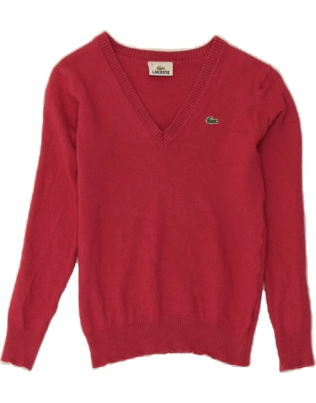 LACOSTE Womens Crop V-Neck Jumper Sweater Size 38 Medium Pink Welt Pockets Slit Pockets Flap Pockets