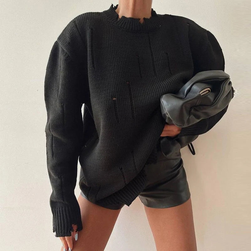 Advbridge All Match Women Long Sleeve Solid Knitted Pullover Early Autumn Hollow Out Jumper Top OL Round Neck Loose Lady Sweater Tight Sleeve Top