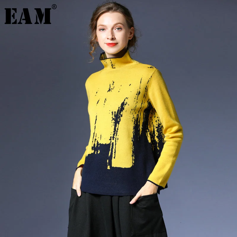 WILUXE  Yellow Split Joint Print Knitting Sweater Hooded Caped Shawl Collar