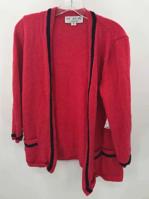 Pre-Owned St John Red Size Medium Cardigan Sweater Jersey Fabric Tulle Fabric Batik Fabric