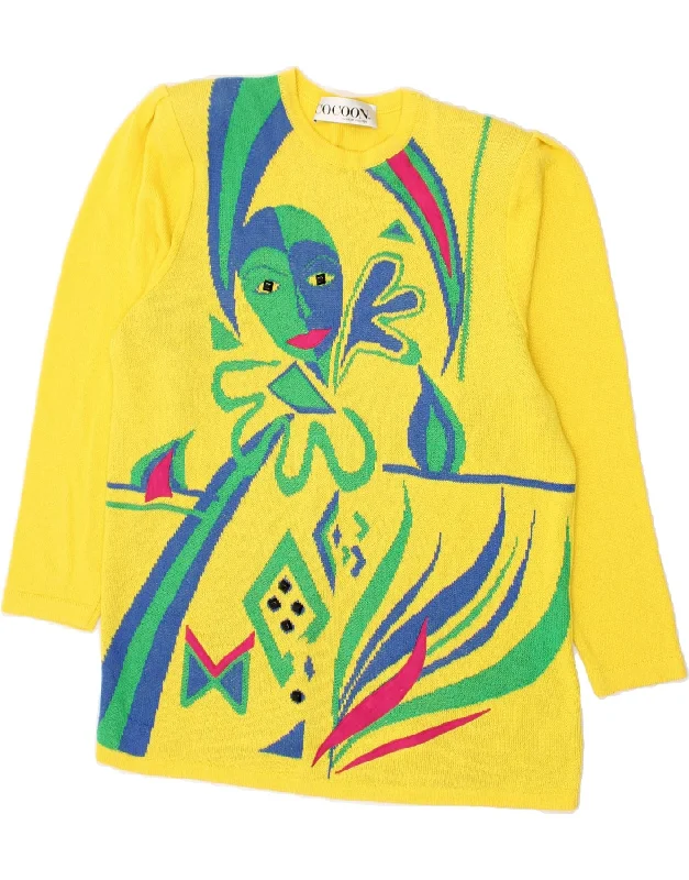 VINTAGE Womens Crew Neck Jumper Sweater UK 14 Medium Yellow Boxy Sweater Fitted Sweater A-Line