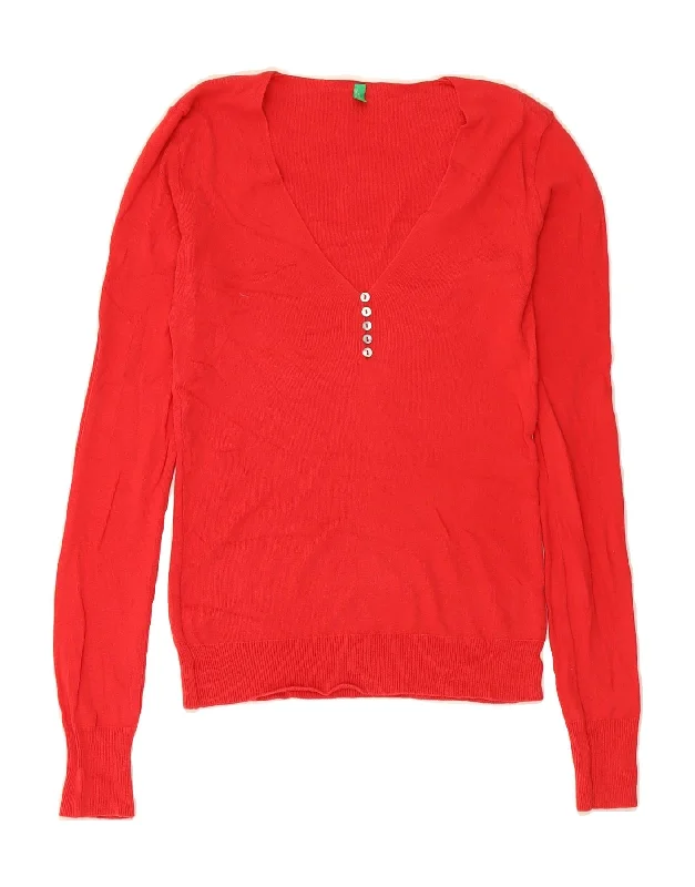 BENETTON Womens V-Neck Jumper Sweater UK 8 Small Red Chenille Blend Fleece Blend Nylon Blend