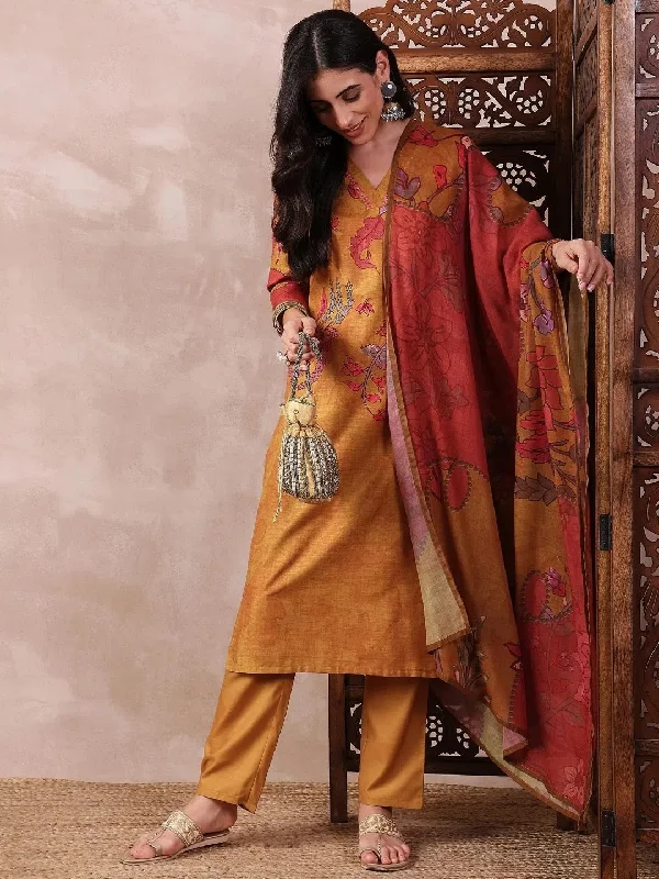 Ahika Women Mustard Silk Blend Floral Printed Straight Kurta Trouser With Dupatta-PKSKD2548YLW Cropped Trousers Casual Linen