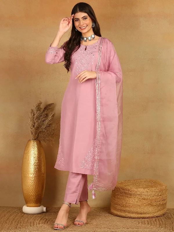 Ahika Women Pink Silk Blend Solid Yoke Design Straight Kurta Trouser With Dupatta-PKSKD2501PNK Trousers Ceremony Elegant