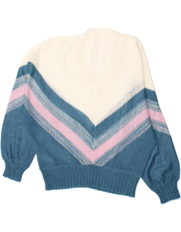VINTAGE Womens V-Neck Jumper Sweater UK 16 Large Blue Colourblock Turtle Neck Boat Neck Asymmetrical Neck
