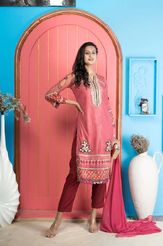 Pink Net Stitched Straight Cut Trouser Kurta Dupatta Readymade Suits Trousers Velvet Soft