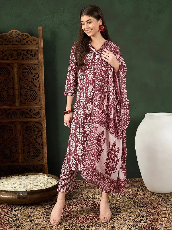 Ahika Women Maroon Rayon Blend Ethnic Motifs Printed Straight Kurta Trouser With Dupatta-VKSKD2241 Trousers Modern Contemporary