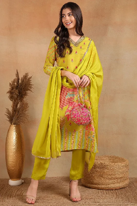 Green Silk Blend Ethnic Motifs Printed Straight Trouser Suit Set Trousers Essential Wardrobe