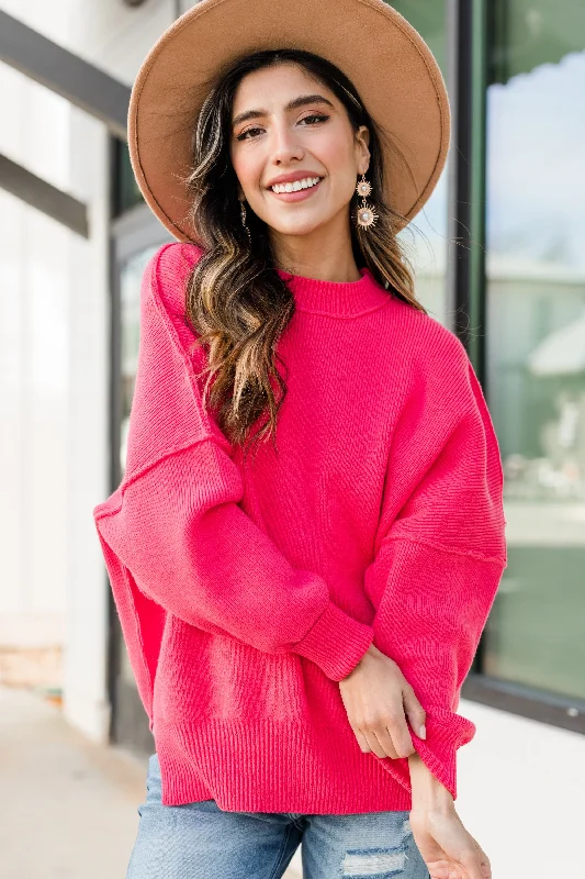 Later On Hot Pink Bubble Sleeve Sweater Solid Print Embellished