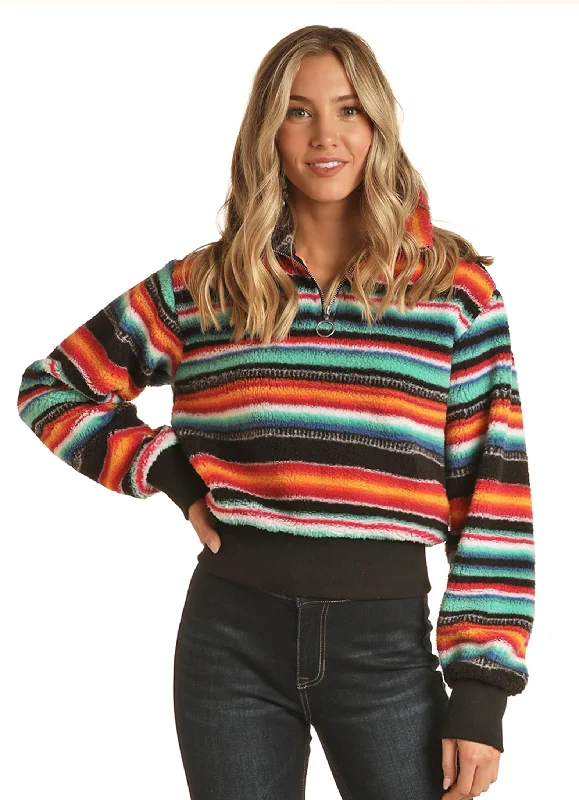 Rock & Roll Cowgirl Women's Printed Pullover Multi Stripe Scalloped Neck Pullover