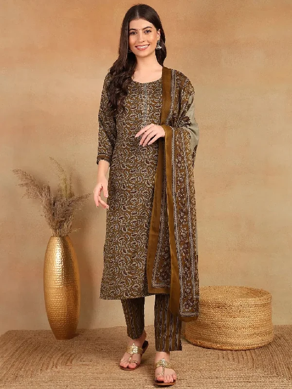 Ahika Women Brown Cotton Blend Ethnic Motifs Printed Straight Kurta Trouser With Dupatta-VKSKD2216BRN Trousers Fall Fleece