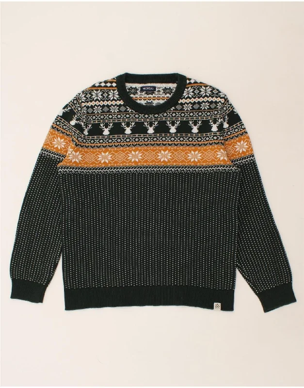 MCNEAL Womens Crew Neck Jumper Sweater UK 18 XL Green Fair Isle Cotton Machine Wash Dry Clean Hand Wash