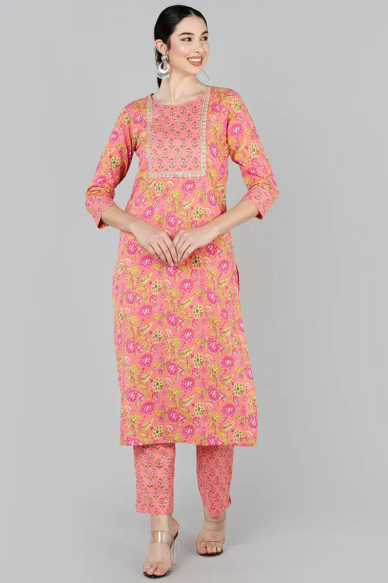 Ahika Pure Cotton Printed Kurta Trousers Set-VKSET1275_S Trousers Yoga Stretchy