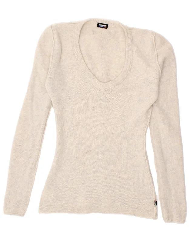 BLAUER Womens V-Neck Jumper Sweater UK 12 Medium Grey Wool Sweater Knitwear Pullover