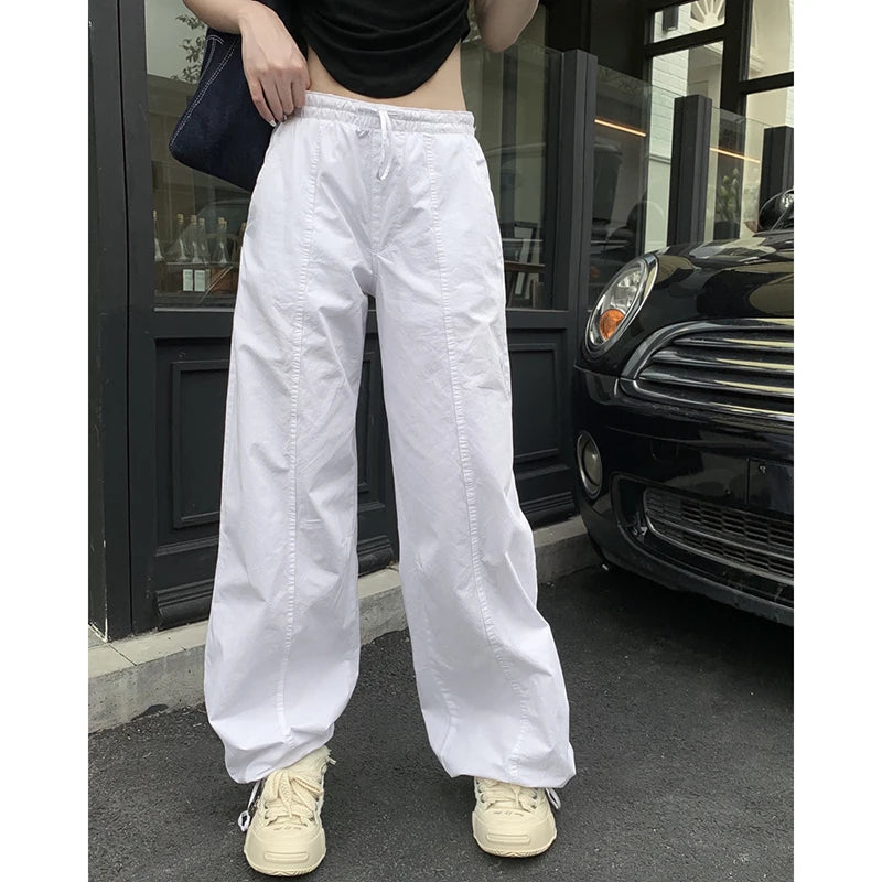 Advbridge -  Y2K Women Casual White Baggy Wide Leg Sweatpants Fashion Vintage Chic Drawstring Trousers Loose Streetwear Joggers Cargo Pants Trousers Bridal Satin