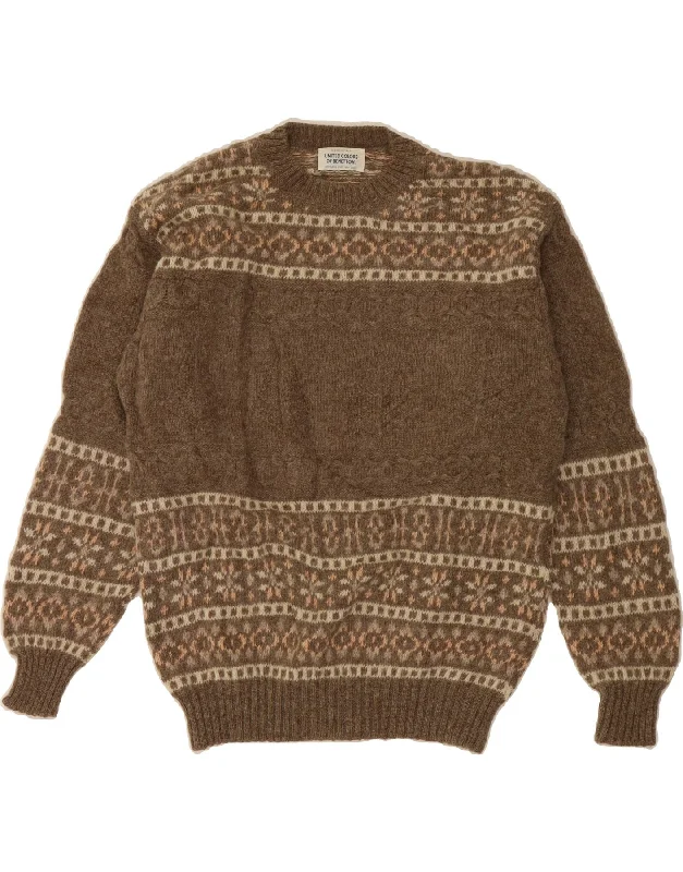 BENETTON Womens Crew Neck Jumper Sweater UK 18 XL Brown Fair Isle Wool Slim Fit Regular Fit Oversized