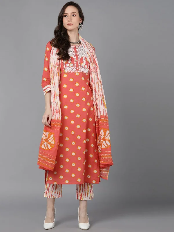 Orange Rayon Blend Bandhani Embroidered Straight Kurta Trousers With Dupatta Trousers cozy comfortable